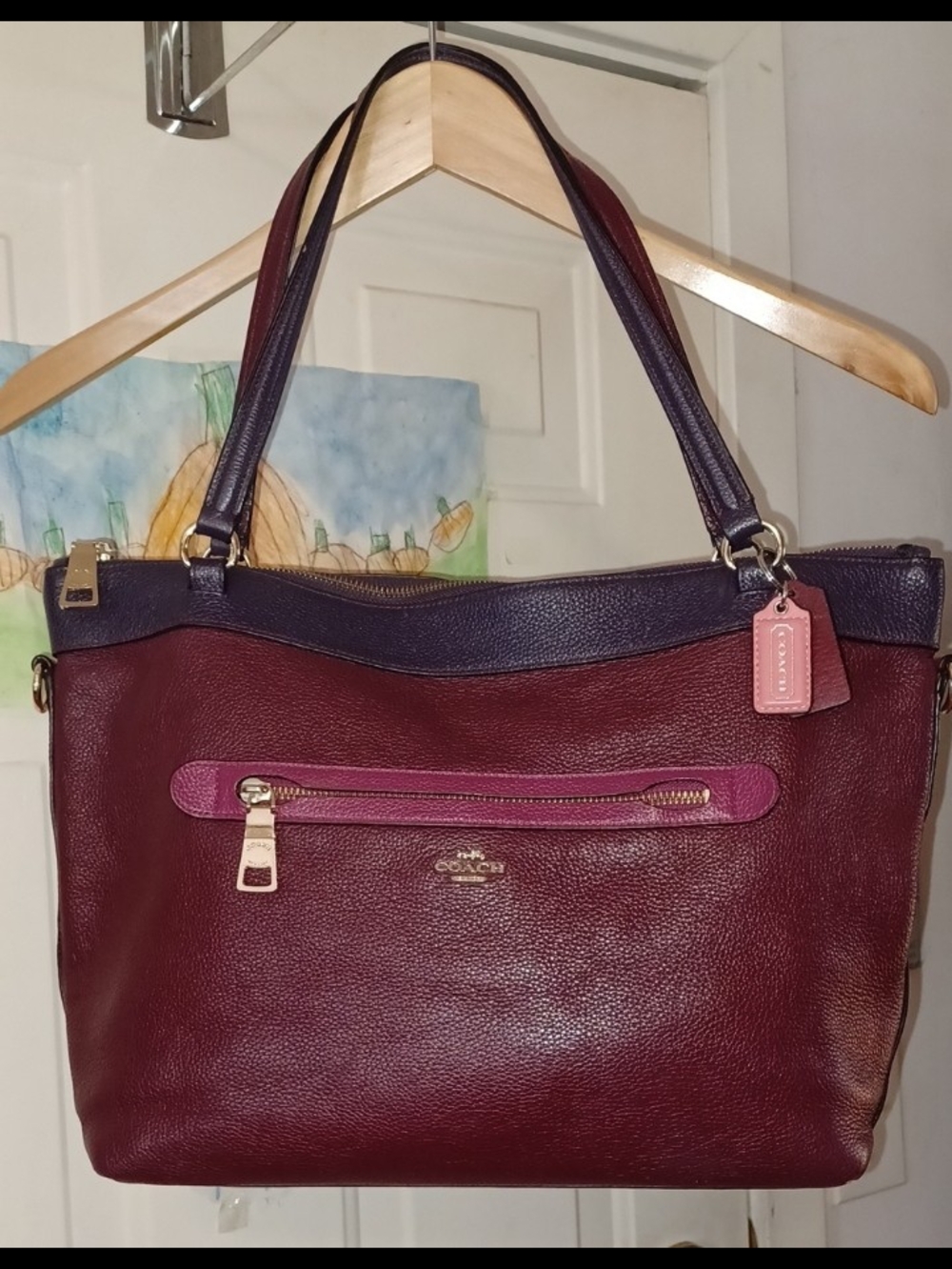 Coach Burgundy Leather Tote Navy Trim and Pink Accent Hangtags Shoulder Purse